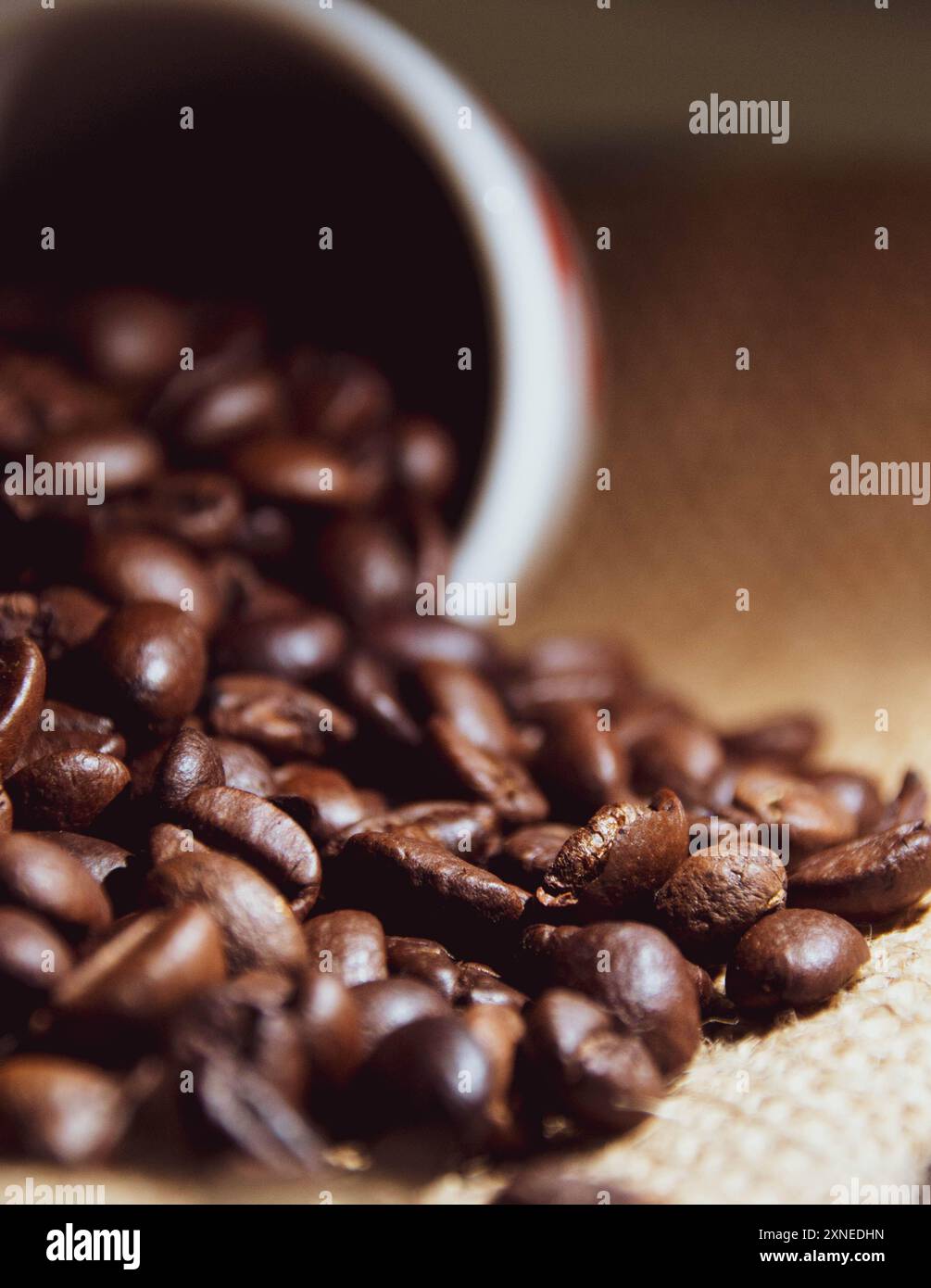 Fotografie di caffè in chicchi di caffè di alta qualità con texture ricche e colori profondi dei chicchi appena tostati. Ideale per materiale pubblicitario o promozionale. Foto Stock