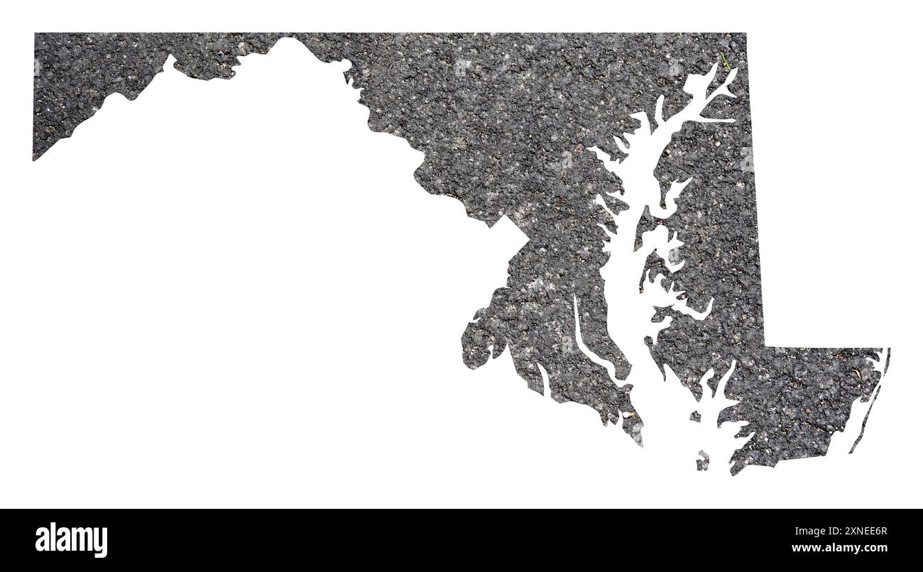 Mappa dei simboli dello Stato del Maryland (Stati Uniti d'America) che mostra il profilo dello stato come superficie asfaltata Foto Stock