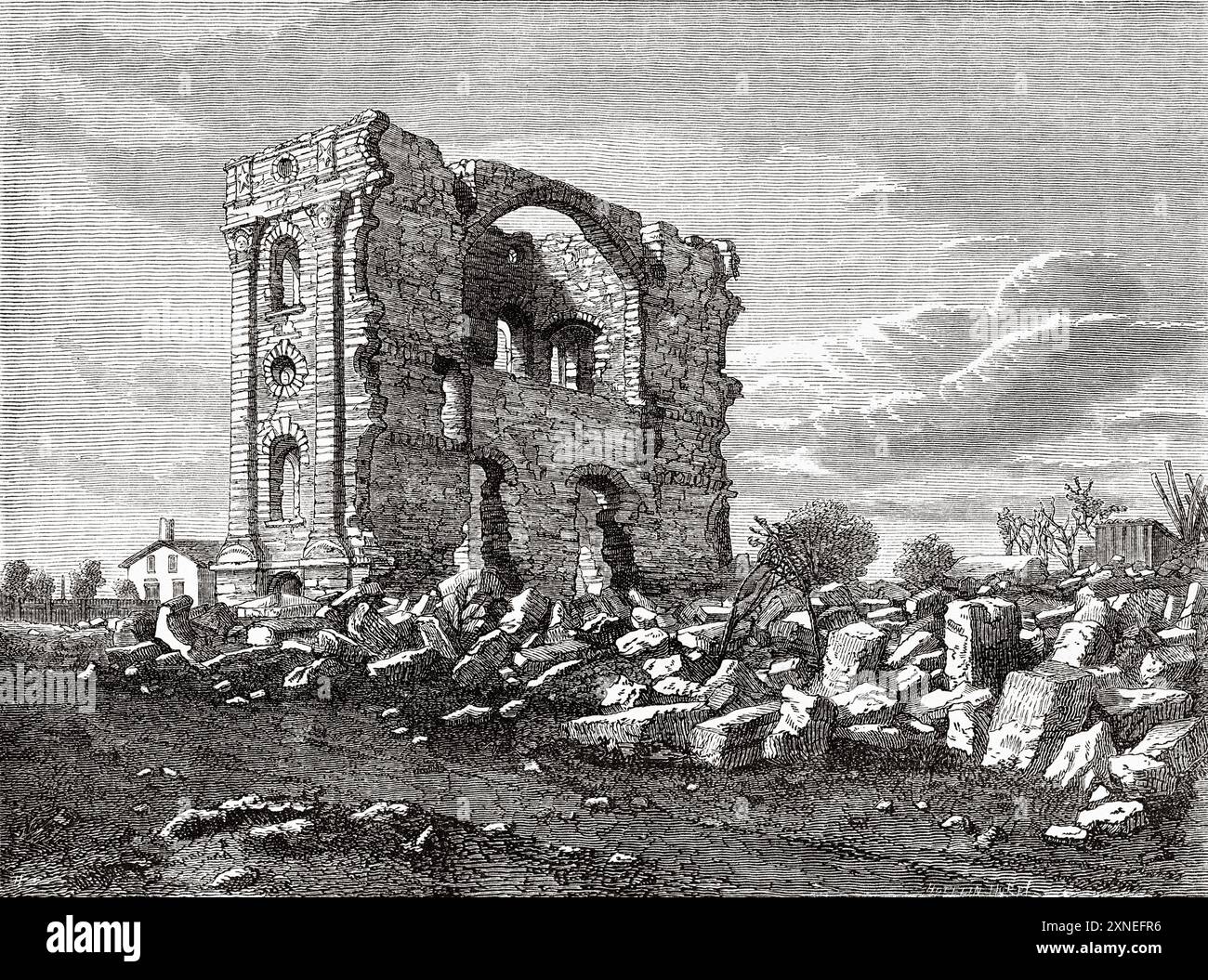 Rovine del tempio di Nauvoo, insediamento mormone, Illinois, Stati Uniti d'America, disegno di Francois Fortune Ferogio (1805-1888) viaggio alla città dei Santi, 1860. Capitale del paese dei mormoni di Richard Francis Burton (1821-1890) le Tour du Monde 1862 Foto Stock