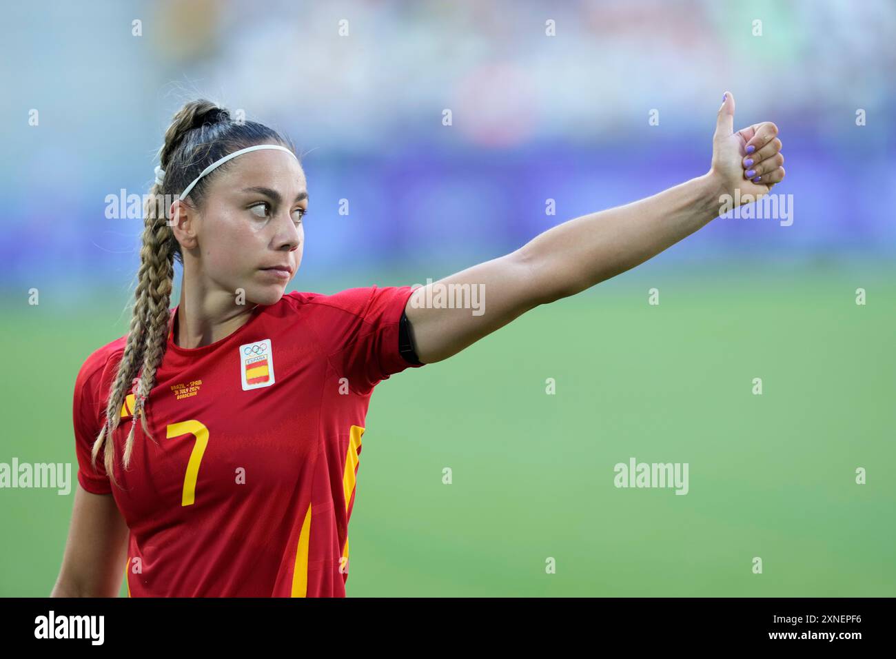 Spain's Athenea Del Castillo reacts during a women's Group C soccer match between Brazil and Spain, at Bordeaux Stadium, during the 2024 Summer Olympics, Wednesday, July 31, 2024, in Bordeaux, France. (AP Photo/Moises Castillo) Foto Stock