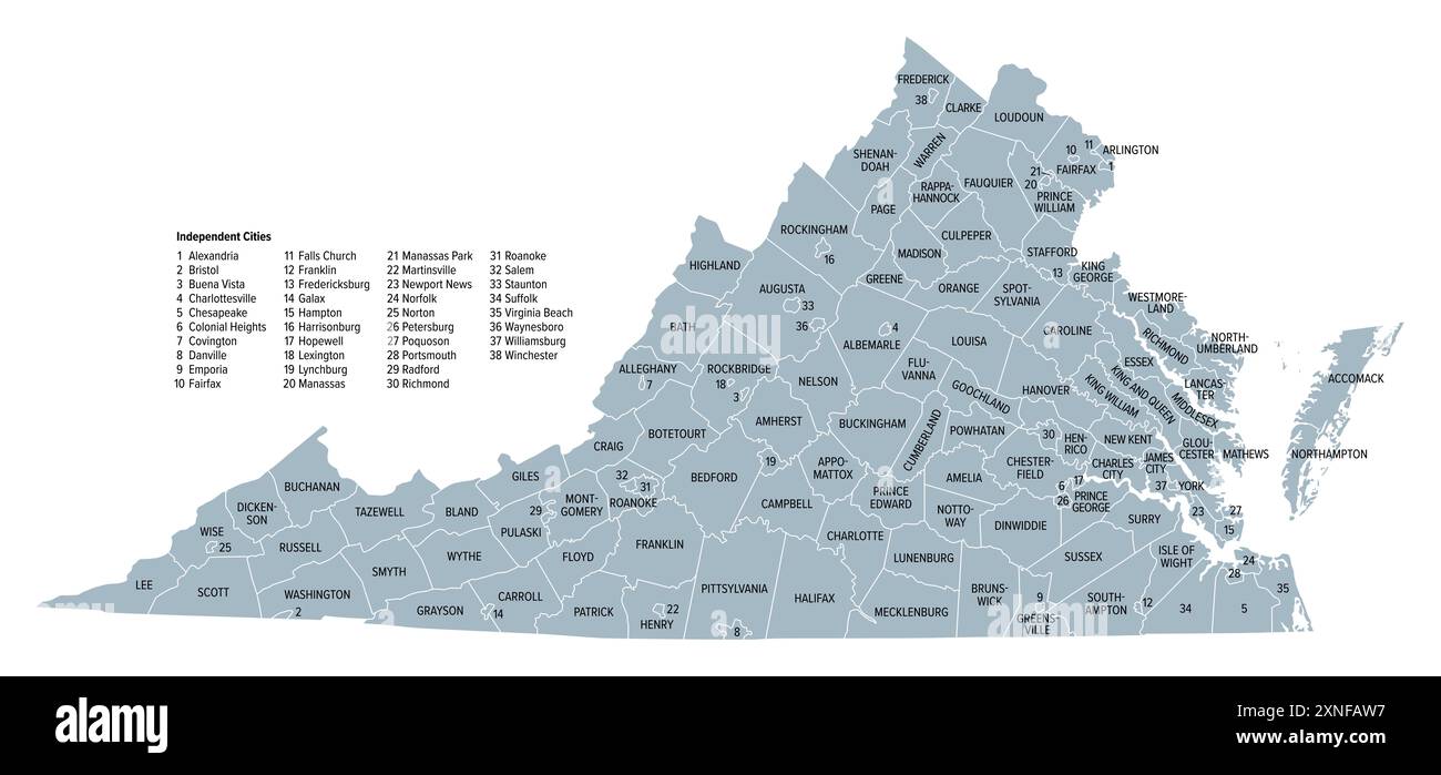 Virginia, Stato degli Stati Uniti suddiviso in 95 contee e 38 città indipendenti, mappa politica grigia. Commonwealth della Virginia. Foto Stock