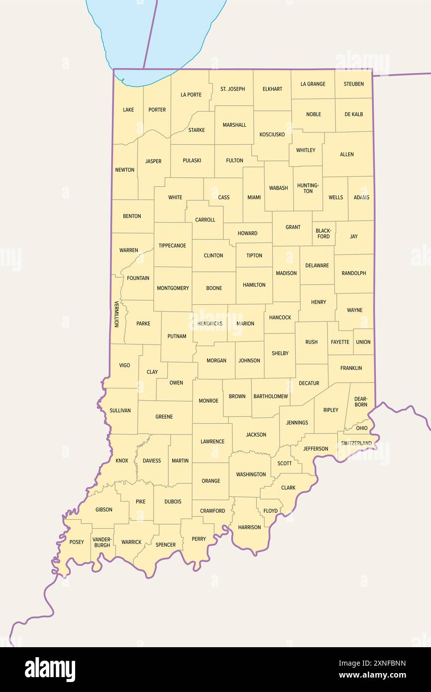 Contee dell'Indiana, mappa politica. Stato nella regione Midwest degli Stati Uniti, suddiviso in 92 contee. Soprannominato lo Stato di Hoosier. Foto Stock