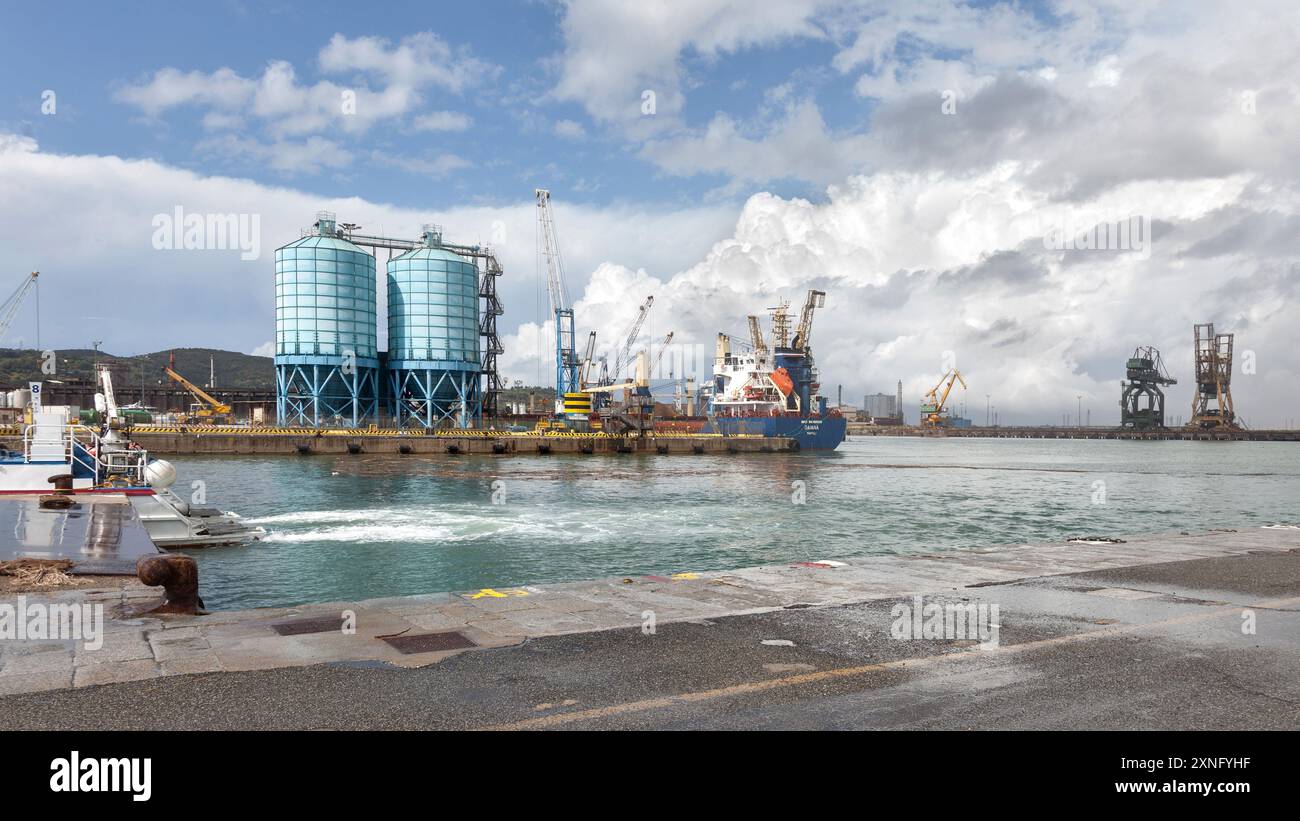 Affollato porto industriale di Piombino, Italia: Navi da carico, gru, silos e strutture portuali sotto un cielo parzialmente nuvoloso, che mostra la logistica marittima. Foto Stock