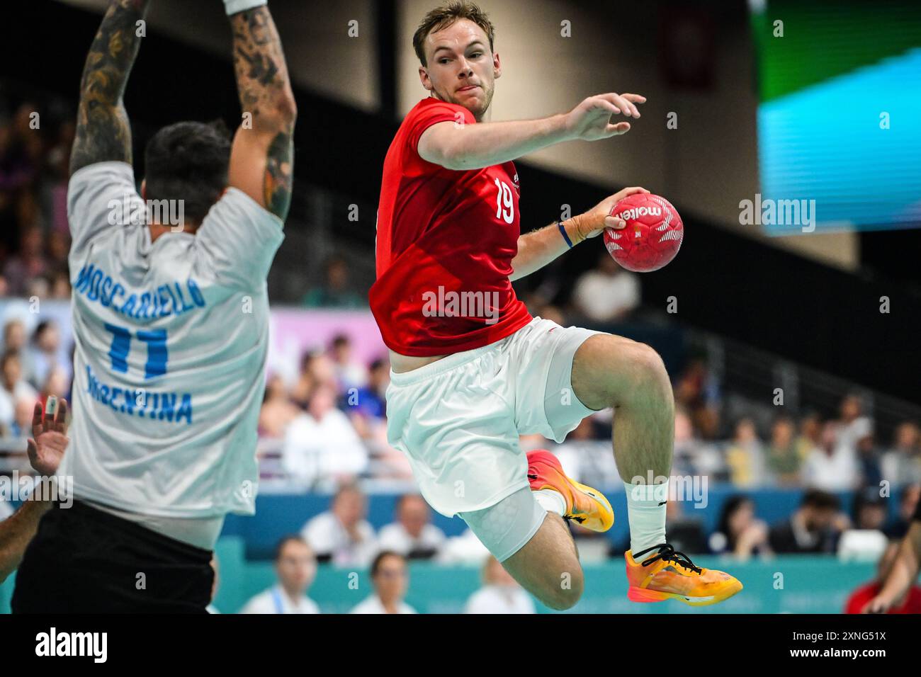 GIDSEL Mathias di Danimarca durante la partita di pallamano tra Danimarca e Argentina, Giochi Olimpici di Parigi 2024 il 31 luglio 2024 alla South Paris Arena 6 di Parigi, Francia Foto Stock