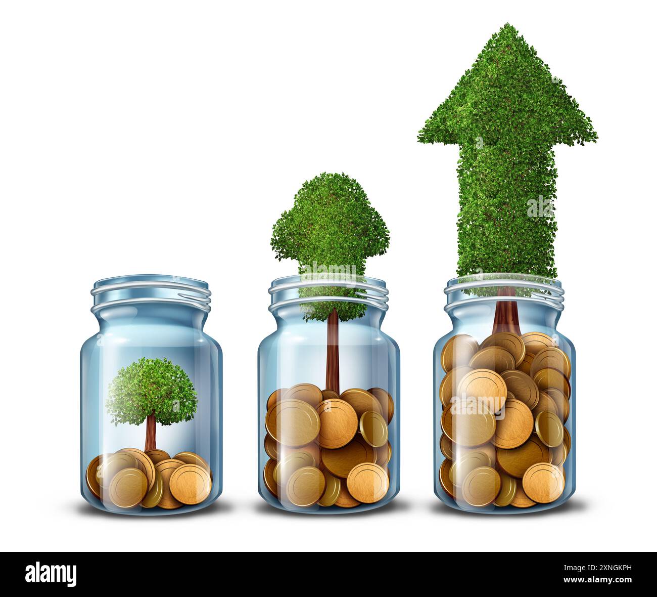 Risparmio di denaro e finanze personali e risparmio crescita per un fondo pensione o spese mediche e vacanze o raccolta di ricchezza per l'acquisto di una casa A. Foto Stock