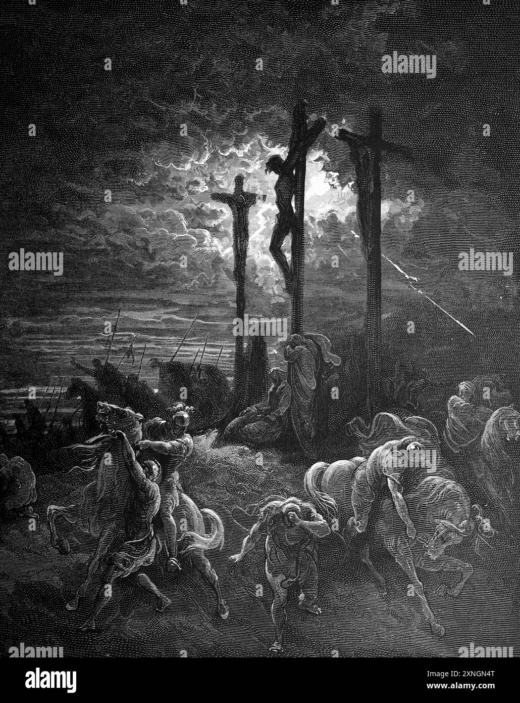 Incisione in legno delle tenebre alla Crocifissione (Luke23:44-45) di Gustave Dore dell'antica Sacra Bibbia del XIX secolo Foto Stock