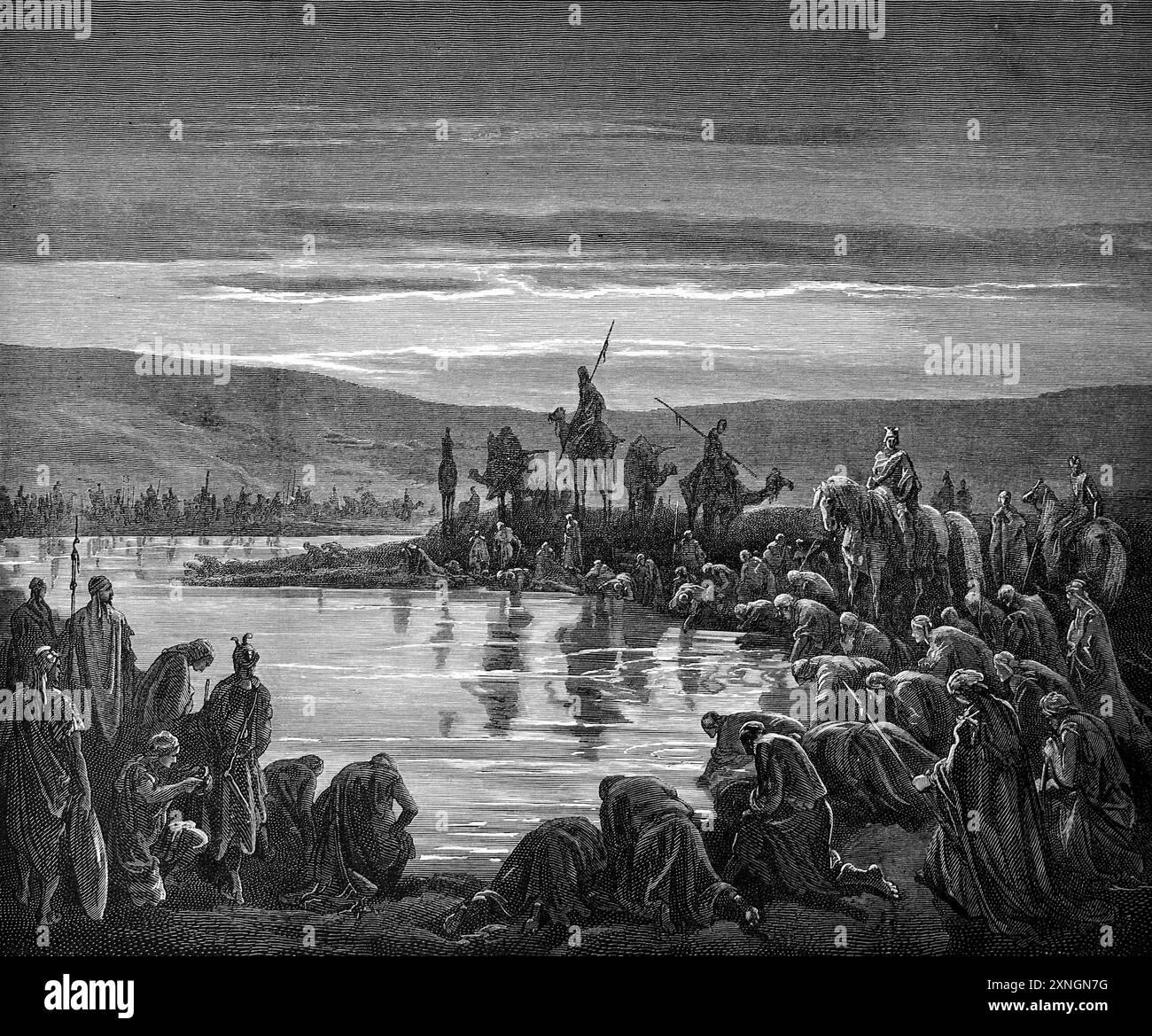 Incisione a legno di Gideone che scelse i suoi soldati (Giudizio7:7) di Gustave Dore - Dio informò Gideone che aveva troppi uomini nel suo esercito e gli ordinò di farlo Foto Stock