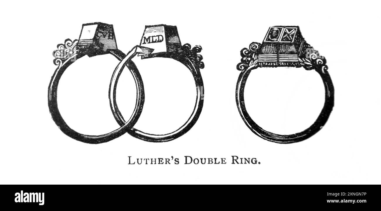 Diagramma del doppio anello di Martin Lutero costituito da due interconnessi al centro dei quali uno porta un diamante con le iniziali M.L.D e l'altro a Foto Stock