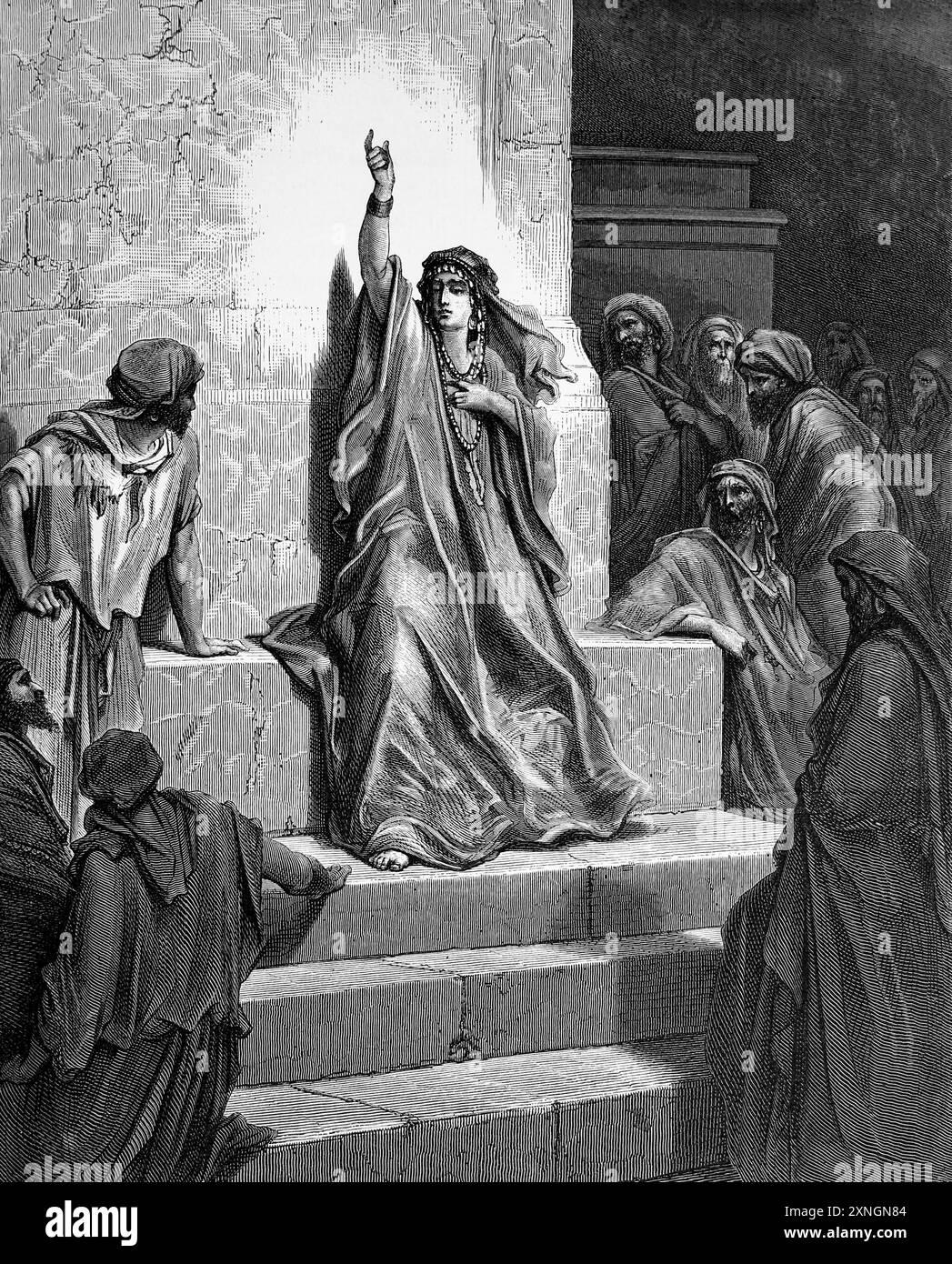 Incisione in legno di Deborah Profetessa dell'Ebraismo e unica donna giudice di Israele giudici 5:7-9 di Gustave Dore dell'Antica Sacra Bibbia del XIX secolo Foto Stock