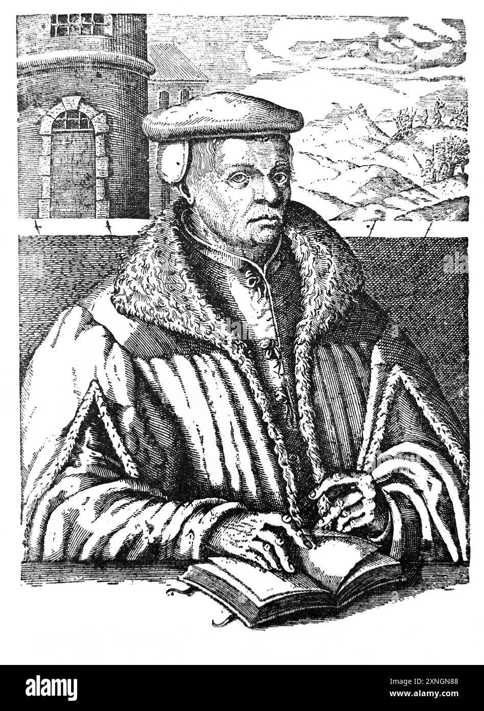 Illustrazione di Tomas Műnzer 1489-1525 con la sua esecuzione sullo sfondo da un vecchio taglio di legno - un predicatore tedesco e teologo un riformatore radicale Foto Stock