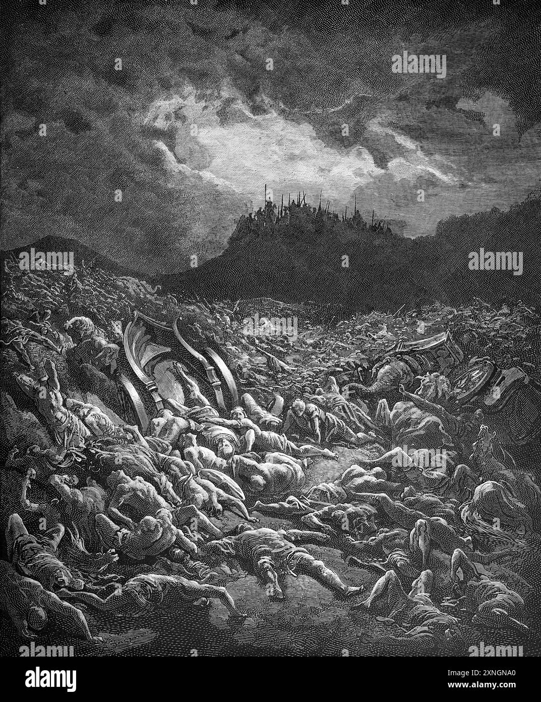 Incisione in legno della distruzione degli eserciti degli Ammoniti e dei Moabiti (2 Cronache 20;22-23) di Gustave Dore - si levarono insieme contro il Foto Stock