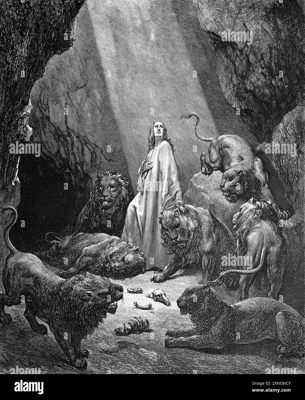 Incisione in legno di Daniele nella Den of Lions di Gustave Dore - il mio Dio ha inviato il suo Angelo e ha chiuso le bocche dei Lions (Libro di Daniele) da Antiq Foto Stock