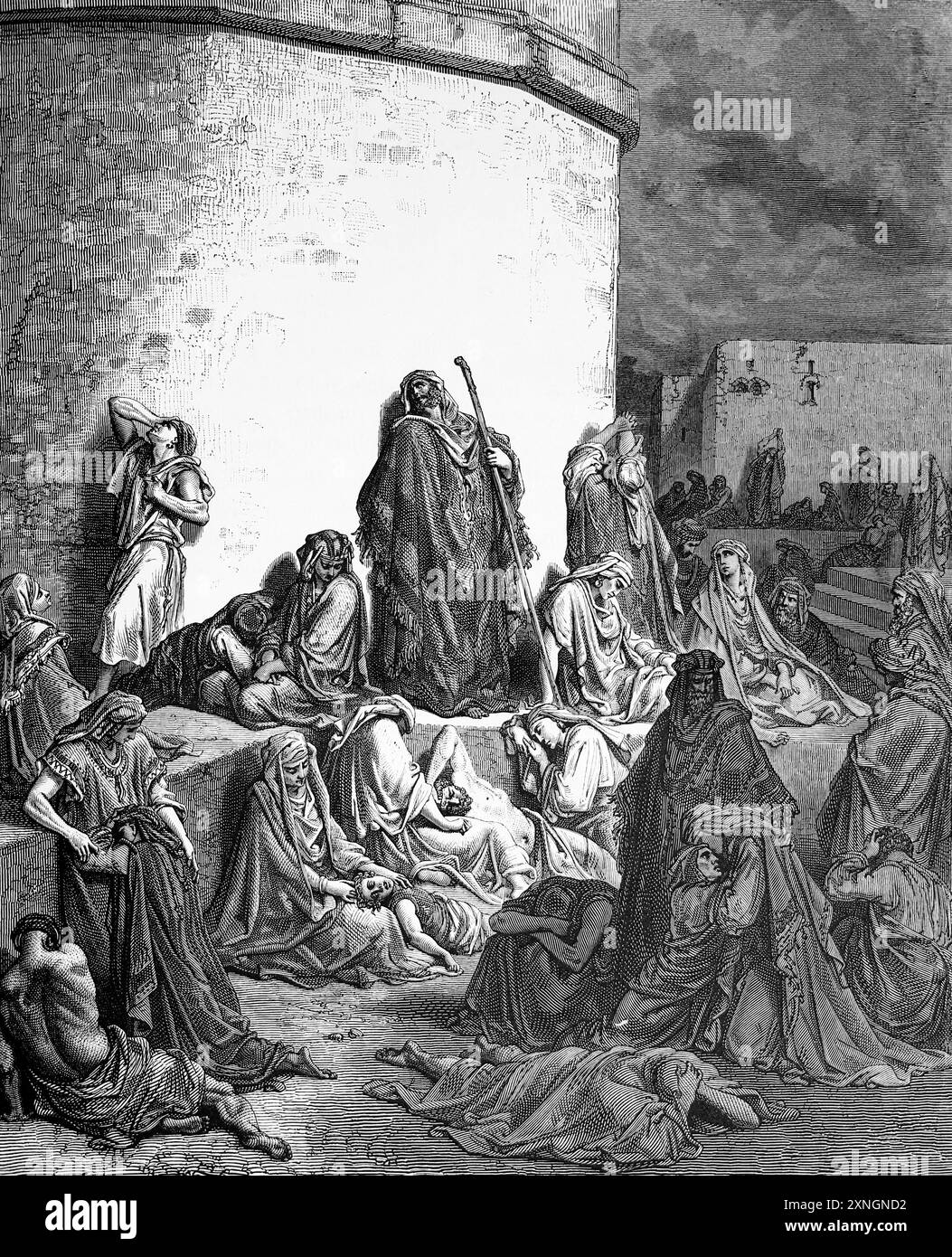 Incisione in legno del popolo che piange sulle rovine di Gerusalemme (Lamentazioni 1:8) di Gustave Dore dall'antica Bibbia sacra del XIX secolo Foto Stock