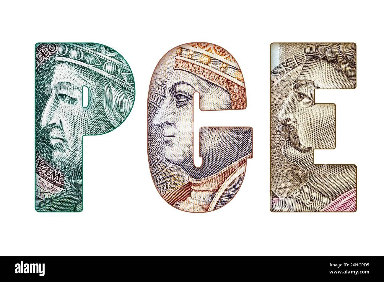 Iscrizione PGE (società di proprietà dello Stato, gruppo polacco per l’energia) in banconote polacche isolate su sfondo bianco Foto Stock