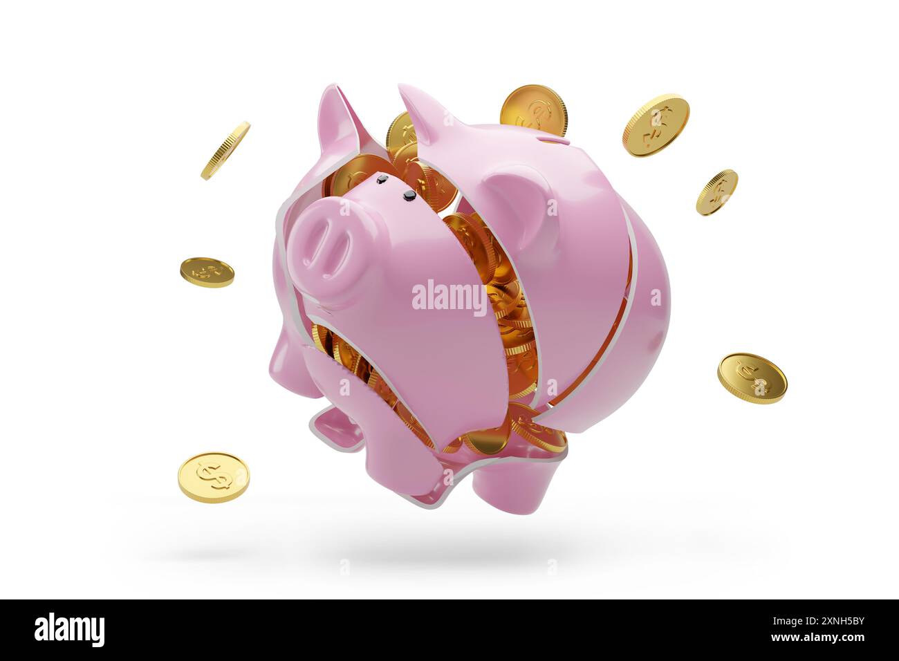 Salvadanaio rotto pieno di soldi isolato su sfondo bianco. illustrazione 3d. Foto Stock