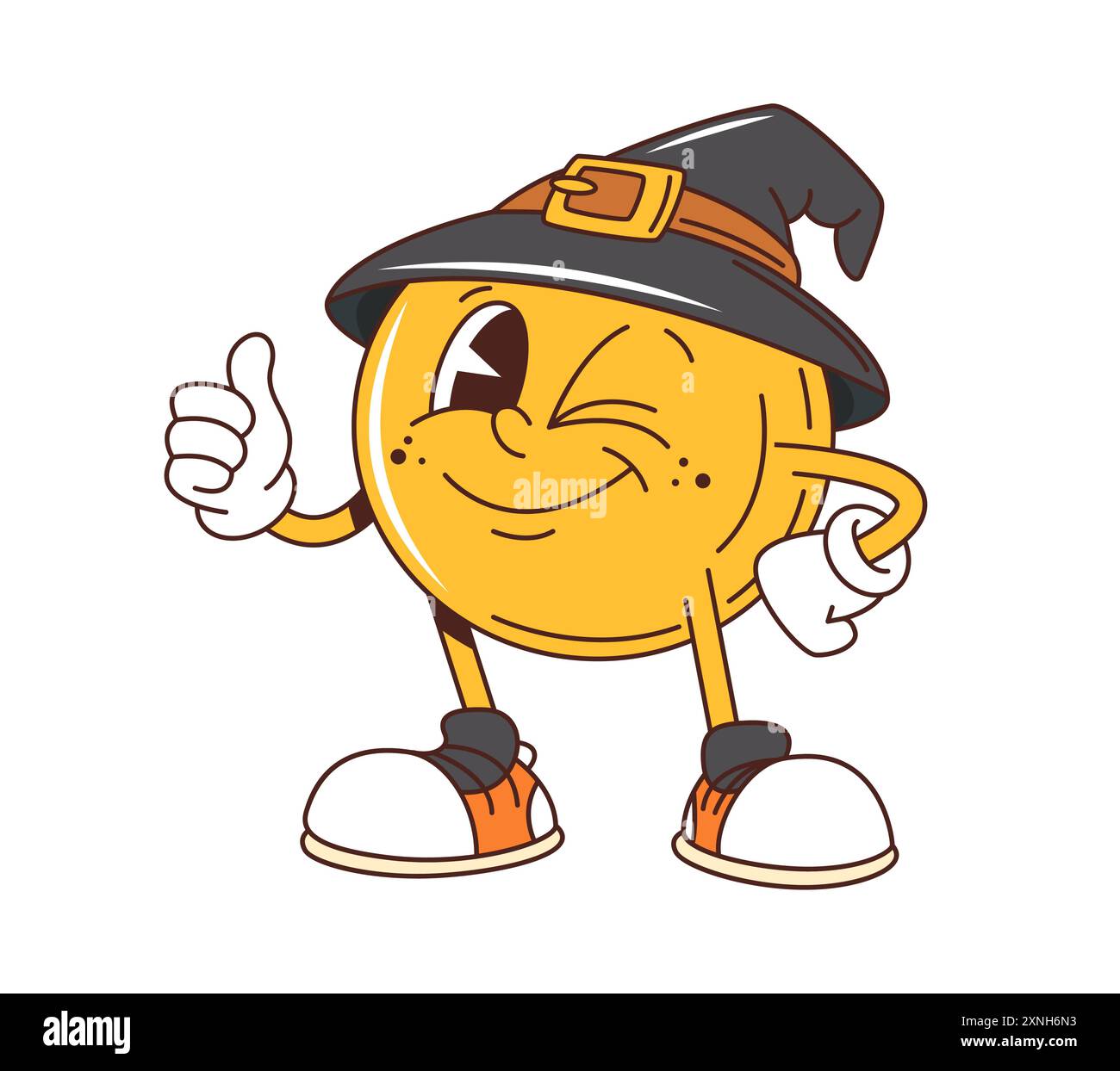 Cartoni animati di Halloween divertente personaggio emoji. Palla gialla con il sorriso e occhi espressivi, guanti e scarpe da ginnastica, con cappello da strega, con l'occhiolino e un Illustrazione Vettoriale