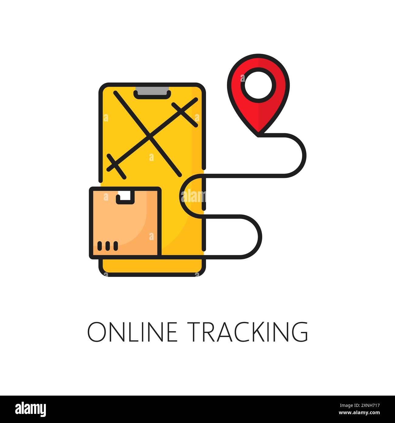 Icona della linea a colori di tracciamento online, servizio di trasporto merci, logistica, catena di approvvigionamento e spedizione, consegna e stoccaggio. Segno lineare vettoriale di casella e mappa Illustrazione Vettoriale