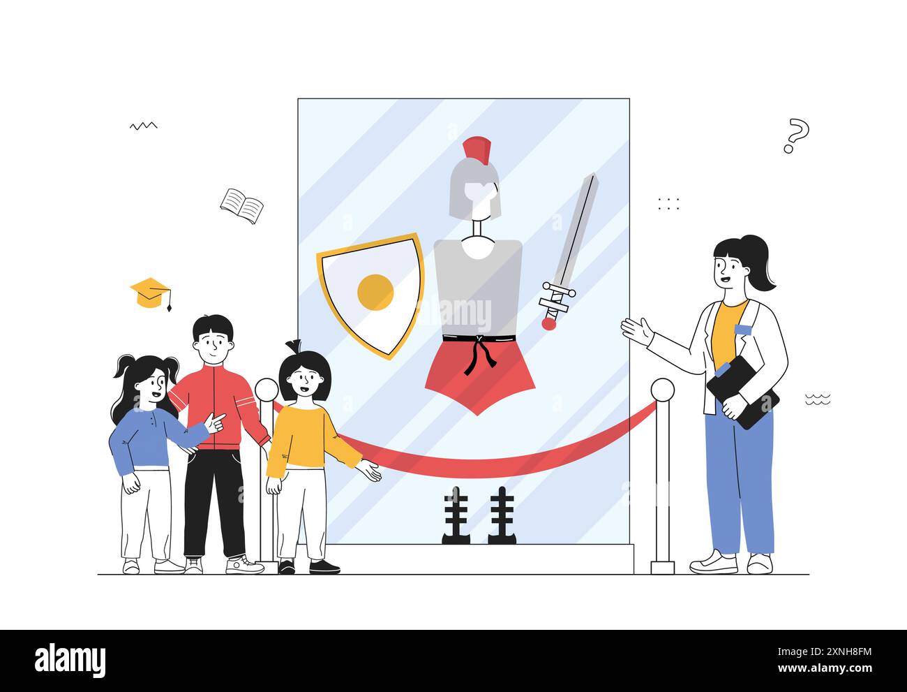 Museo dei costumi antichi. La guida mostra le armature di ragazze e ragazzi di guerrieri romani e greci. Archeologia e storia. Cultura di Roma e Grecia. Lineare Illustrazione Vettoriale