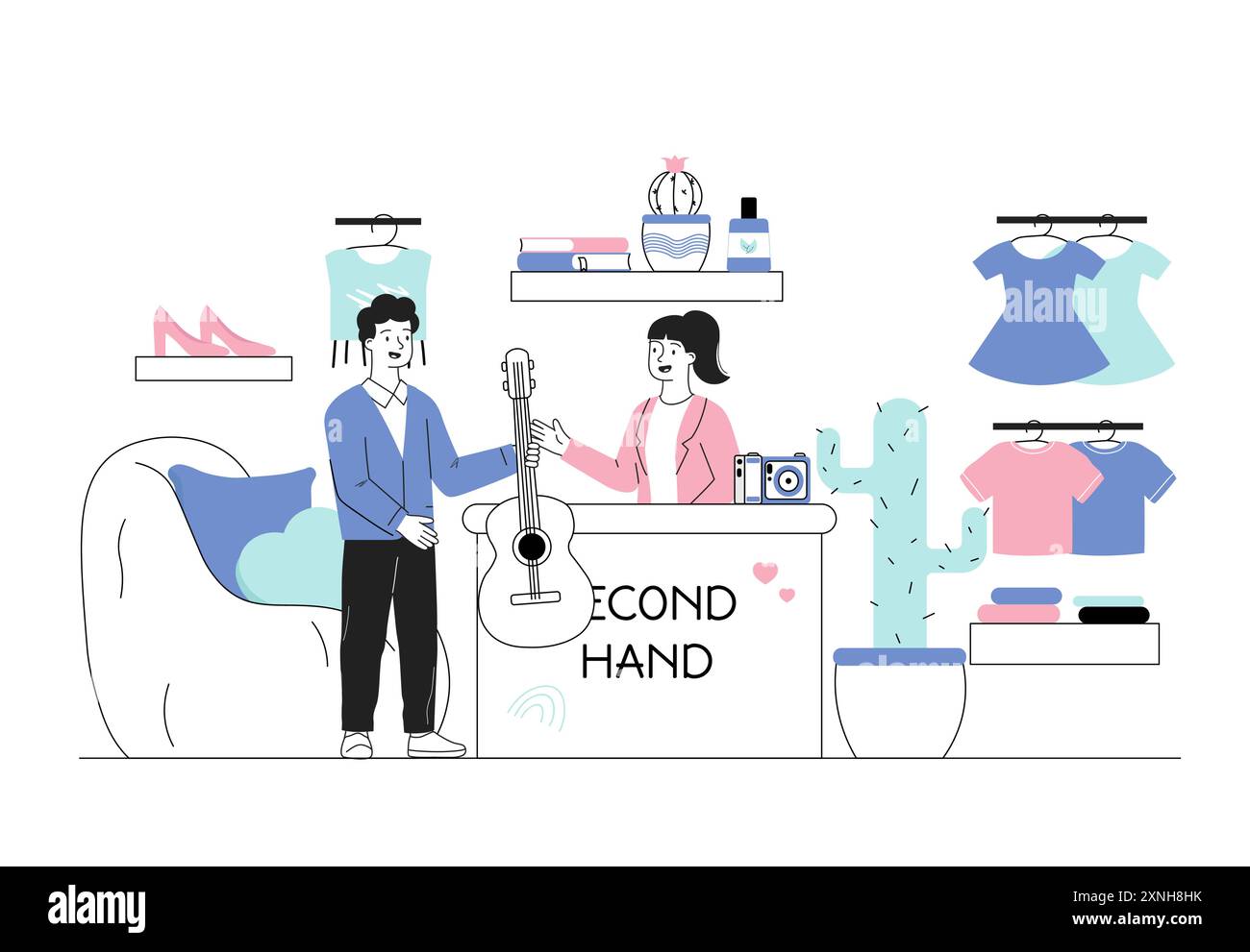 Persone di seconda mano. L'uomo acquista la chitarra da un venditore donna. Mercato delle pulci e bazar, negozio o negozio locale. Piccole imprese, vendita al dettaglio e commercio. Lineare Illustrazione Vettoriale