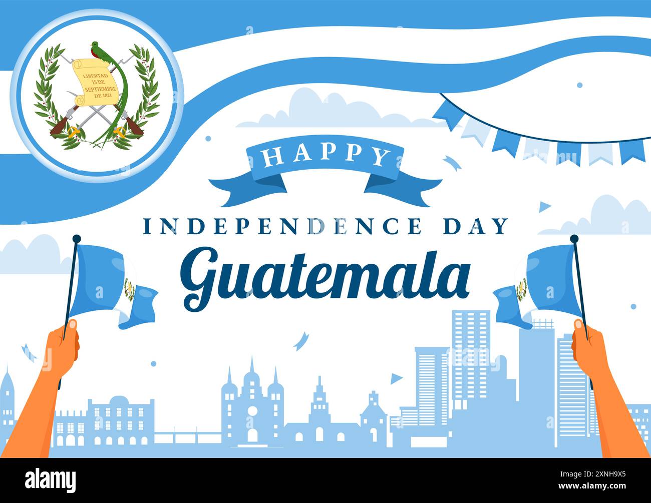 Felice Guatemala Independence Day illustrazione vettoriale per il 15 settembre con una bandiera ondulata e nastro in uno sfondo di cartone animato in stile piatto Illustrazione Vettoriale