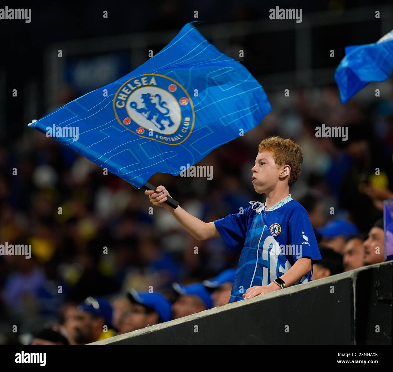 Atlanta, Georgia, Stati Uniti. 31 luglio 2024. Un giovane tifoso del Chelsea durante una partita amichevole di calcio pre-stagione tra Chelsea FC e Club America il 31 luglio 2024 ad Atlanta. Il Chelsea ha vinto, 3-0. (Credit Image: © Scott Coleman/ZUMA Press Wire) SOLO PER USO EDITORIALE! Non per USO commerciale! Foto Stock