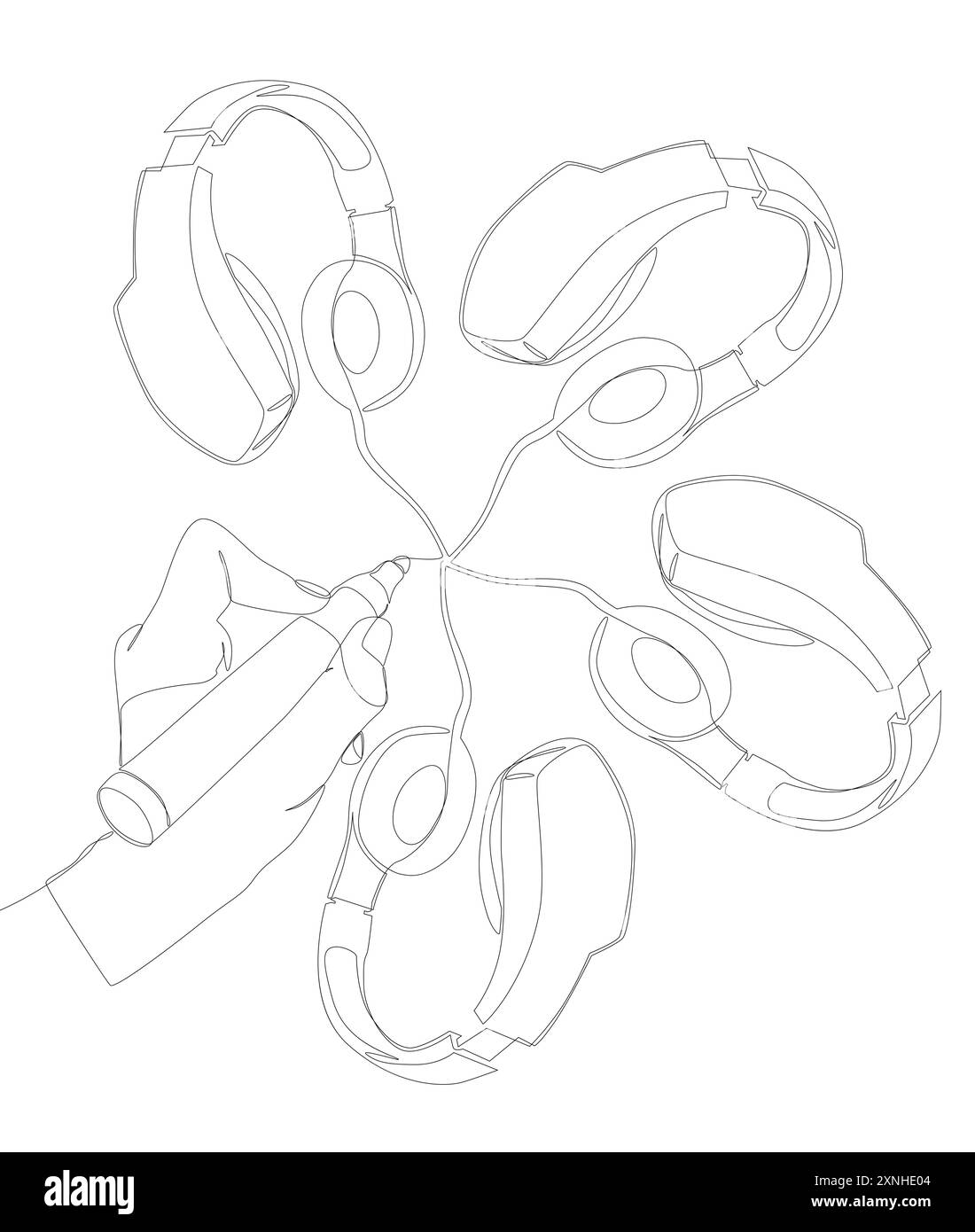 Una linea continua di cuffie disegnata con una matita e un pennarello. Concetto del vettore dell'illustrazione a linee sottili. Idee creative per il disegno dei contorni. Illustrazione Vettoriale