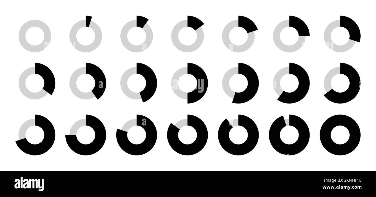 Da 0 a 100 cerchi divisi infografici impostati in nero e grigio in cerchi sottili e spessi nuovo stile con 5, 10, 15, 20, 50, 70, 90, 100 percento Illustrazione Vettoriale