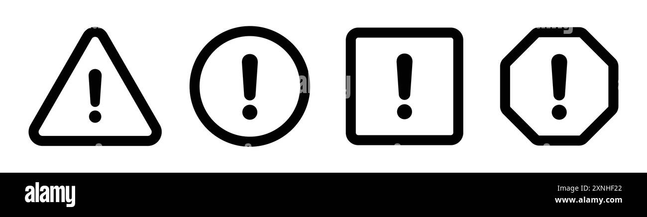 Simbolo di pericolo in bianco e nero con simbolo esclamativo in forme diverse, stile di corsa. Simboli di attenzione impostati con punto esclamativo. Illustrazione Vettoriale