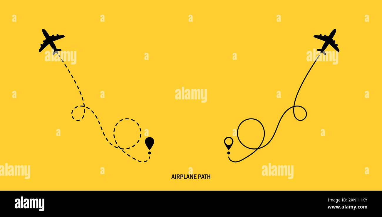 Concetto di viaggio. Aereo a traiettoria tratteggiata. Tracciamento degli aerei. Percorso aereo. Illustrazione vettoriale su sfondo bianco isolato. Illustrazione Vettoriale