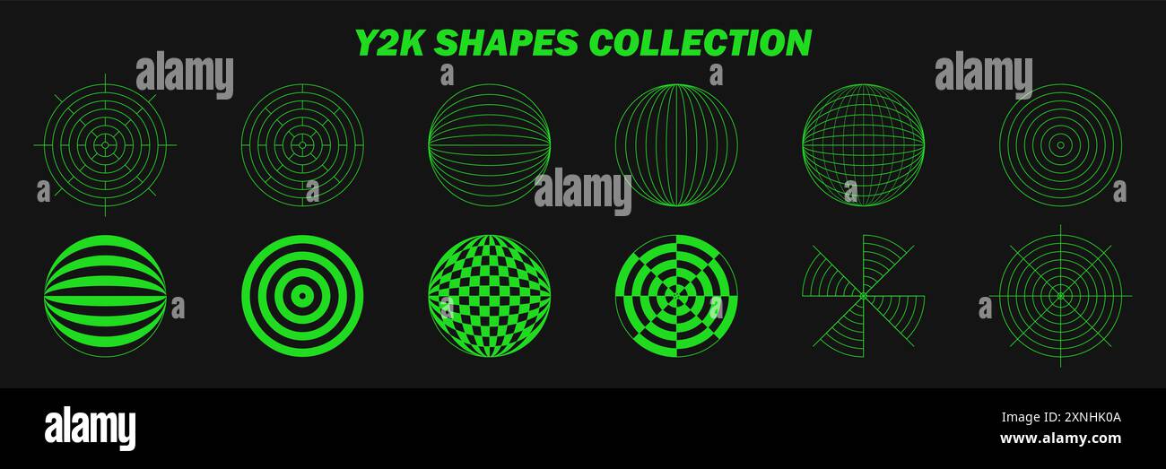 Wireframe astratti, elementi cyberpunk e griglie verdi prospettiche su sfere. Forme y2k psichedeliche. Elementi vettoriali rave o psichedelici alla moda Illustrazione Vettoriale