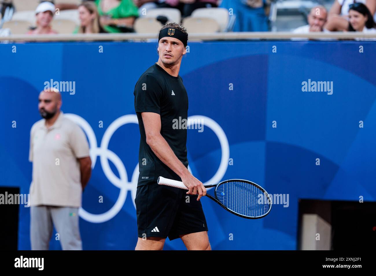 Parigi, Francia. 28 luglio 2024. Fra, Parigi, Giochi Olimpici Parigi 2024, (07/28/2024, (primo turno di Tennis maschile Alexunder Zverev (Germania) - Jaume Munar (Spagna), Rolund Garros Tennis Stadium - Court Philippe-Chatrier) Alexunder Zverev (Germania) crediti: HMB Media/Alamy Live News Foto Stock