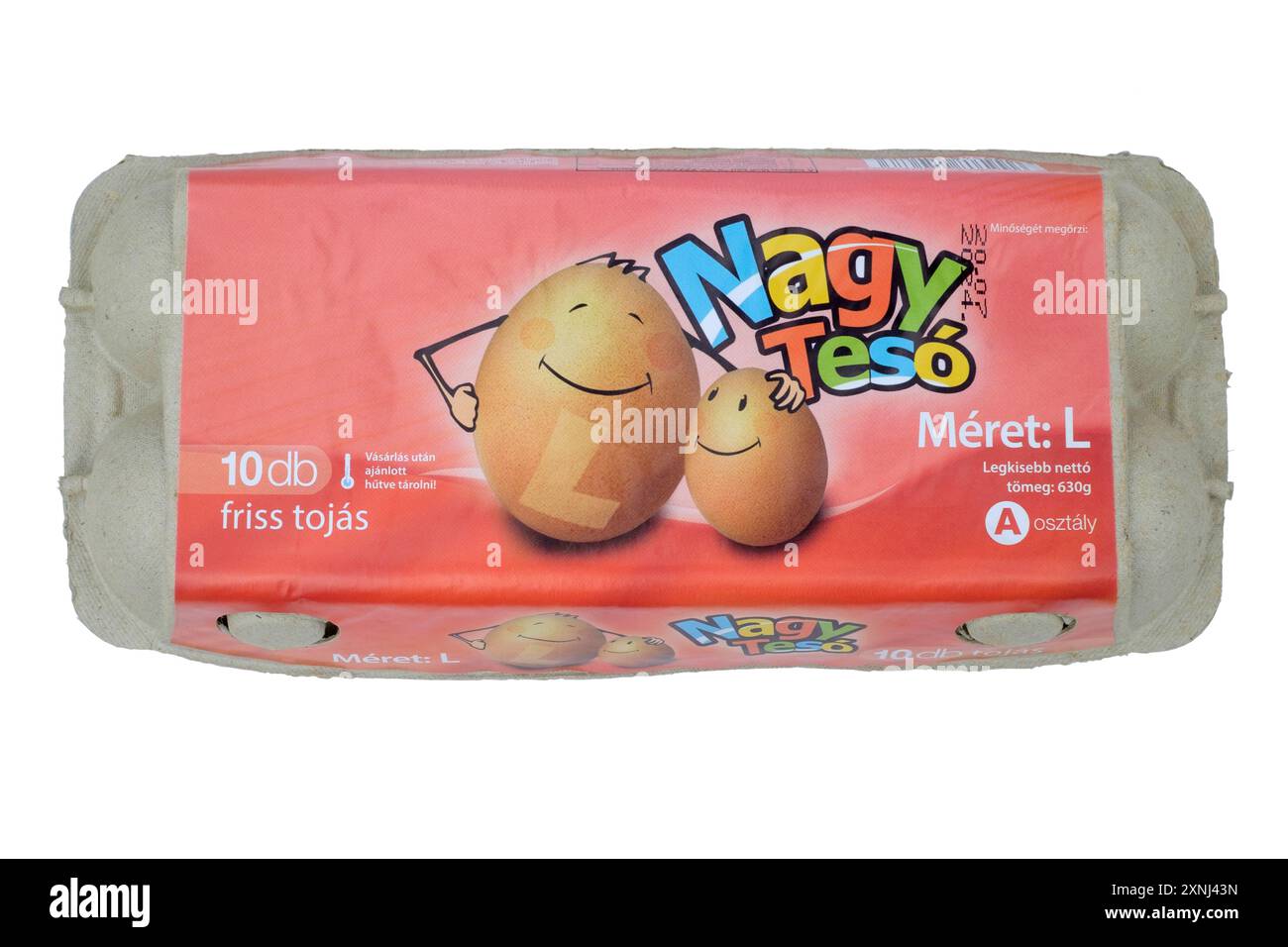 scatola ungherese chiusa di dieci grandi uova tagliate su sfondo bianco Foto Stock