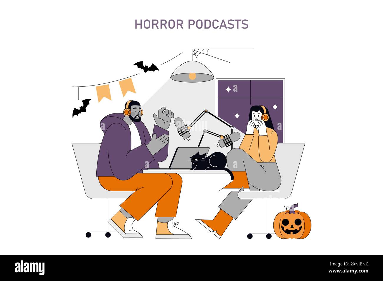 Concetto di podcast di Halloween. Due persone registrano un podcast a tema con decorazioni natalizie, che esprimono impegno ed eccitazione. Illustrazione vettoriale. Illustrazione Vettoriale