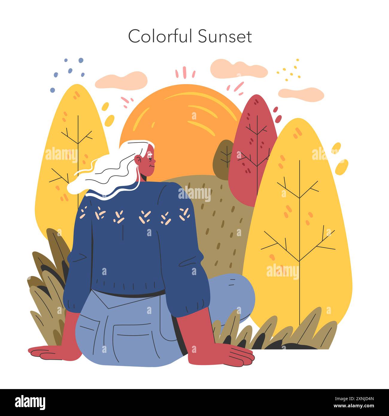 Benvenuto in autunno. Illustrazione di una persona che si gode un colorato tramonto autunnale tra alberi stilizzati. Svago autunnale, atmosfera contemplativa. Illustrazione vettoriale. Illustrazione Vettoriale