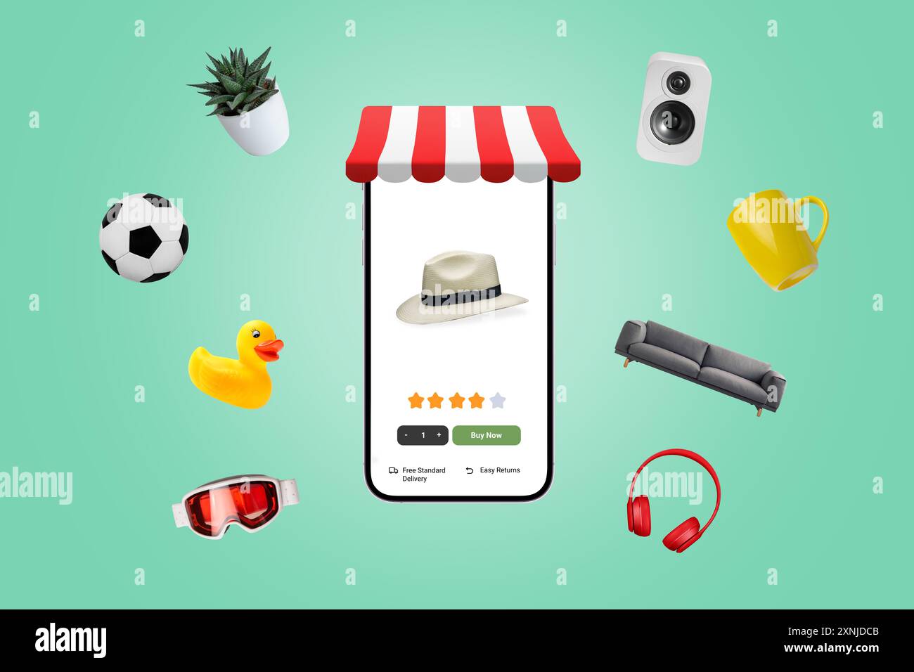 Acquisti telefonici con app e-commerce e prodotti volanti. Concetto di shopping online ed esperienza retail digitale Foto Stock