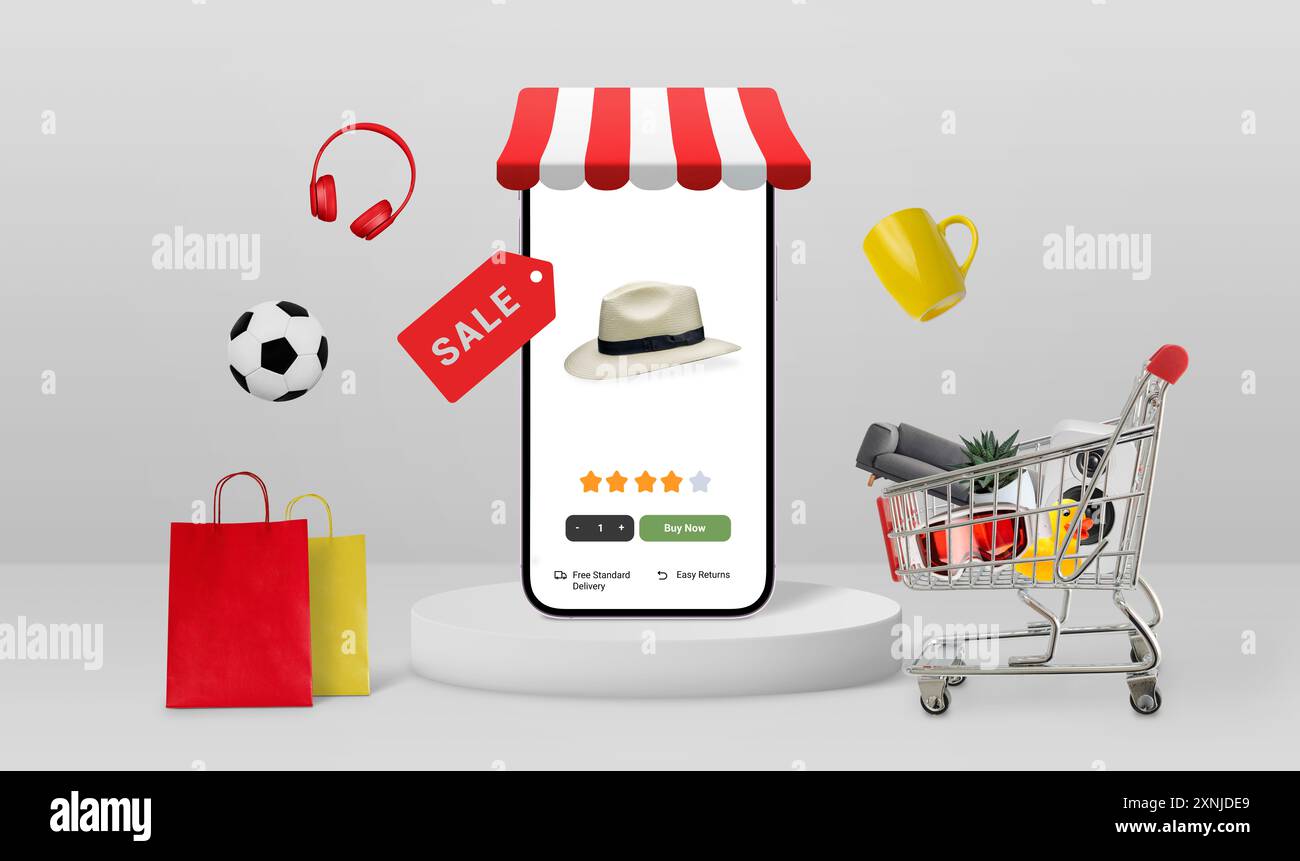 Telefono per negozio online con tenda rossa e bianca, nastro di vendita, carrello e borse con prodotti accanto. Concetto di shopping online Foto Stock