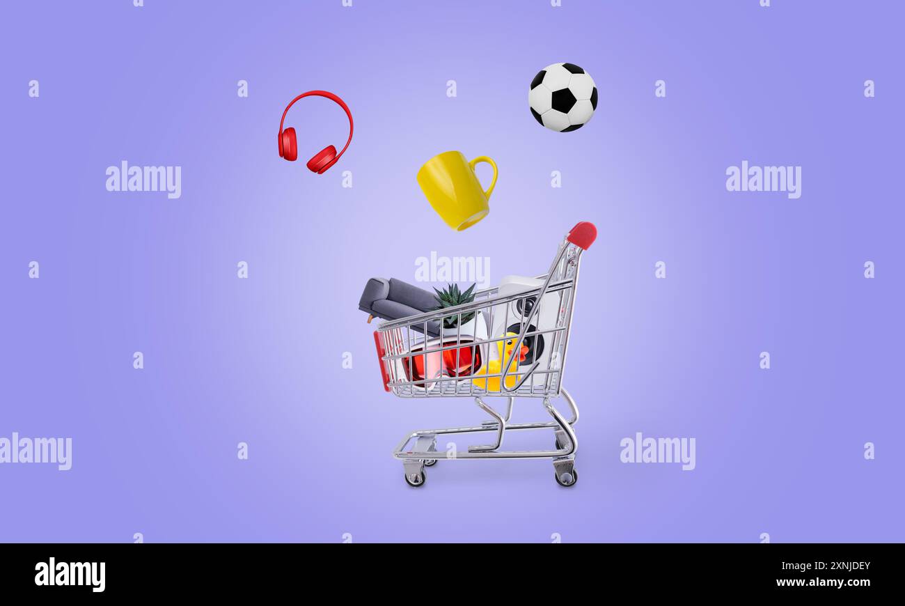 Carrello con prodotti che cadono all'interno. Concetto di shopping online e consumismo in un ambiente retail digitale Foto Stock