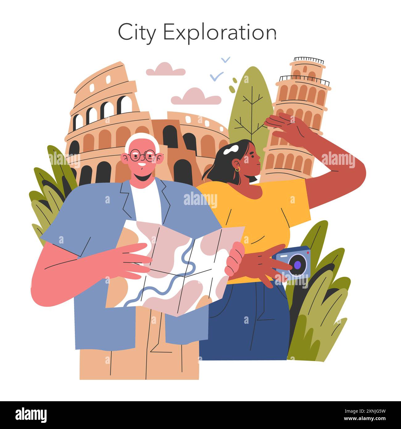 Concetto di vacanza. I turisti con una mappa e una macchina fotografica esplorano antichi monumenti. Viaggio culturale e avventura turistica. Illustrazione vettoriale. Illustrazione Vettoriale