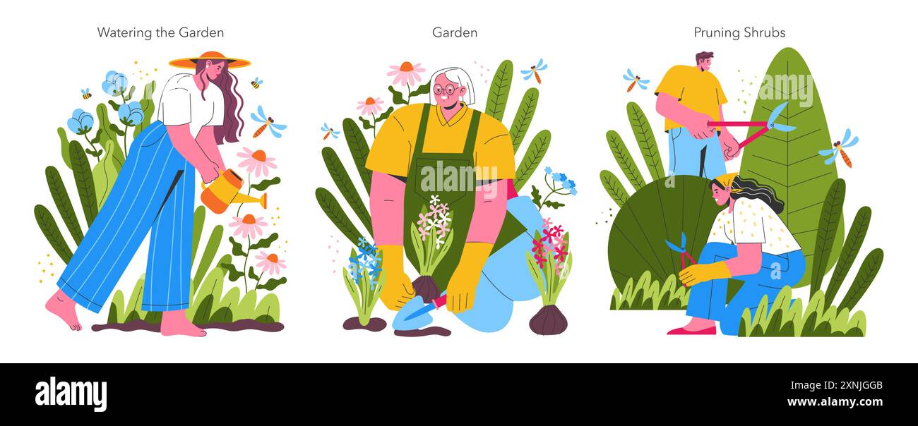 Attività di giardinaggio impostata. Donne e uomini impegnati nella piantagione, irrigazione e potatura di piante all'aperto. Serene scene di giardinaggio in natura. Illustrazione vettoriale. Illustrazione Vettoriale