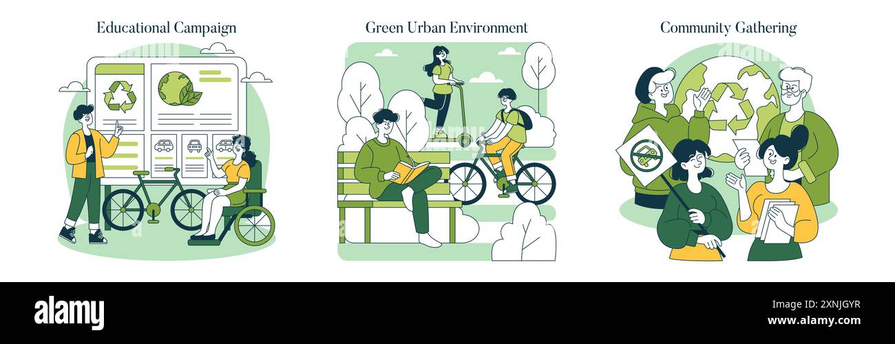 Set di un giorno senza auto. Promuovere un trasporto sostenibile con l'impegno della comunità, iniziative educative e l'ecologizzazione urbana. Consapevolezza attraverso l'azione collettiva. Illustrazione vettoriale. Illustrazione Vettoriale