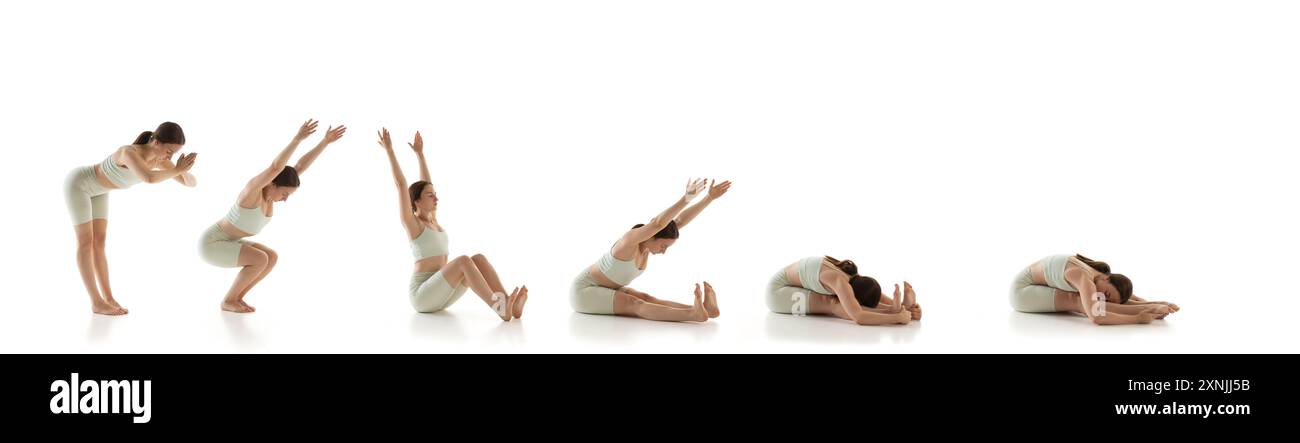 Banner. Collage. Seguite questa guida dettagliata per padroneggiare la routine di stretching completa. Perfetto per allenamenti flessibili. Foto Stock