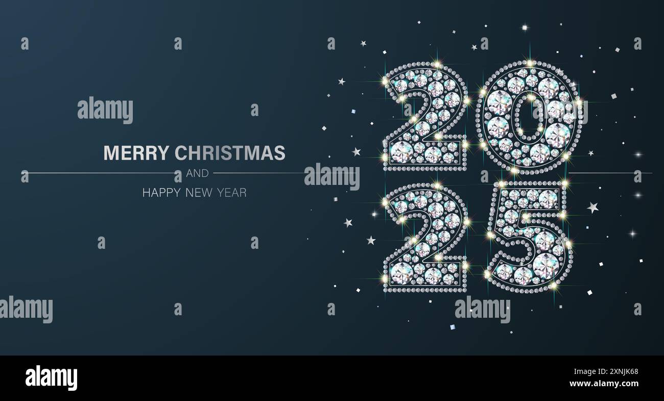 Numeri 2025 Capodanno e Natale. Di pietre preziose, scintillanti e lussuose, diamanti. Banner natalizio con glitter. Stile realistico. Backgroun blu Illustrazione Vettoriale