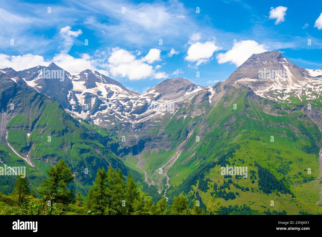 Cime innevate e valli lussureggianti nelle Alpi austriache Foto Stock