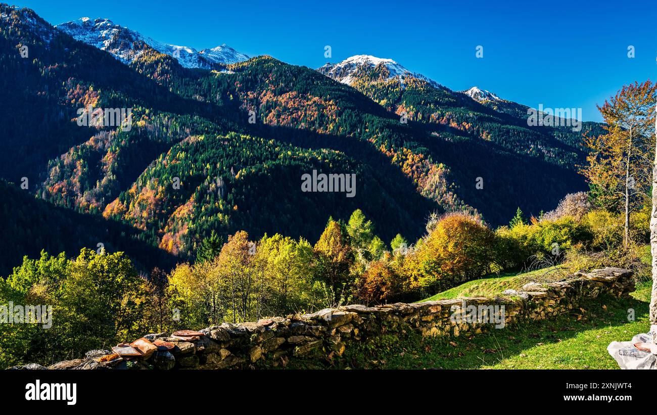 Val Pesarina immersa in atmosfere autunnali. Tra boschi e le antiche stalle di Orias. Foto Stock