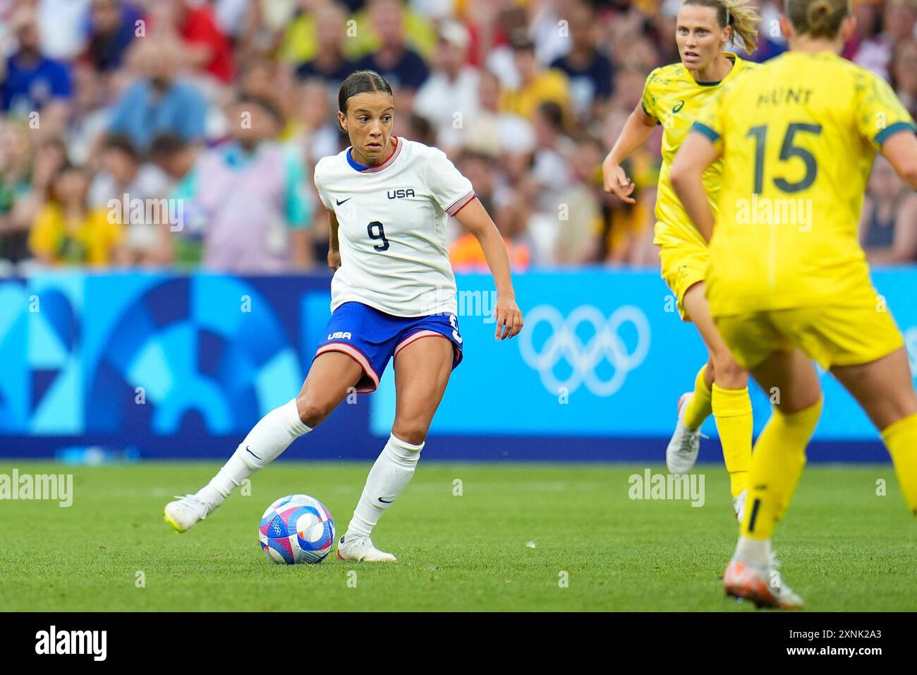 Mallory Swanson (USA), Football, Women&#39;S gruppo B tra Australia e Stati Uniti durante i Giochi Olimpici di Parigi 2024 il 31 luglio 2024 allo stadio Velodrome di Marsiglia, Francia Foto Stock