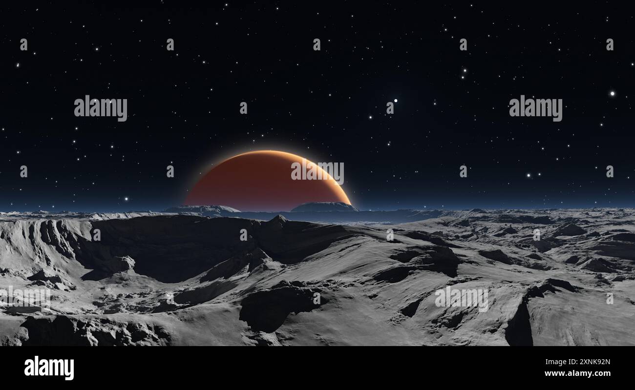 Panorama di Fobos con il pianeta rosso Marte sullo sfondo. illustrazione 3d. Foto Stock