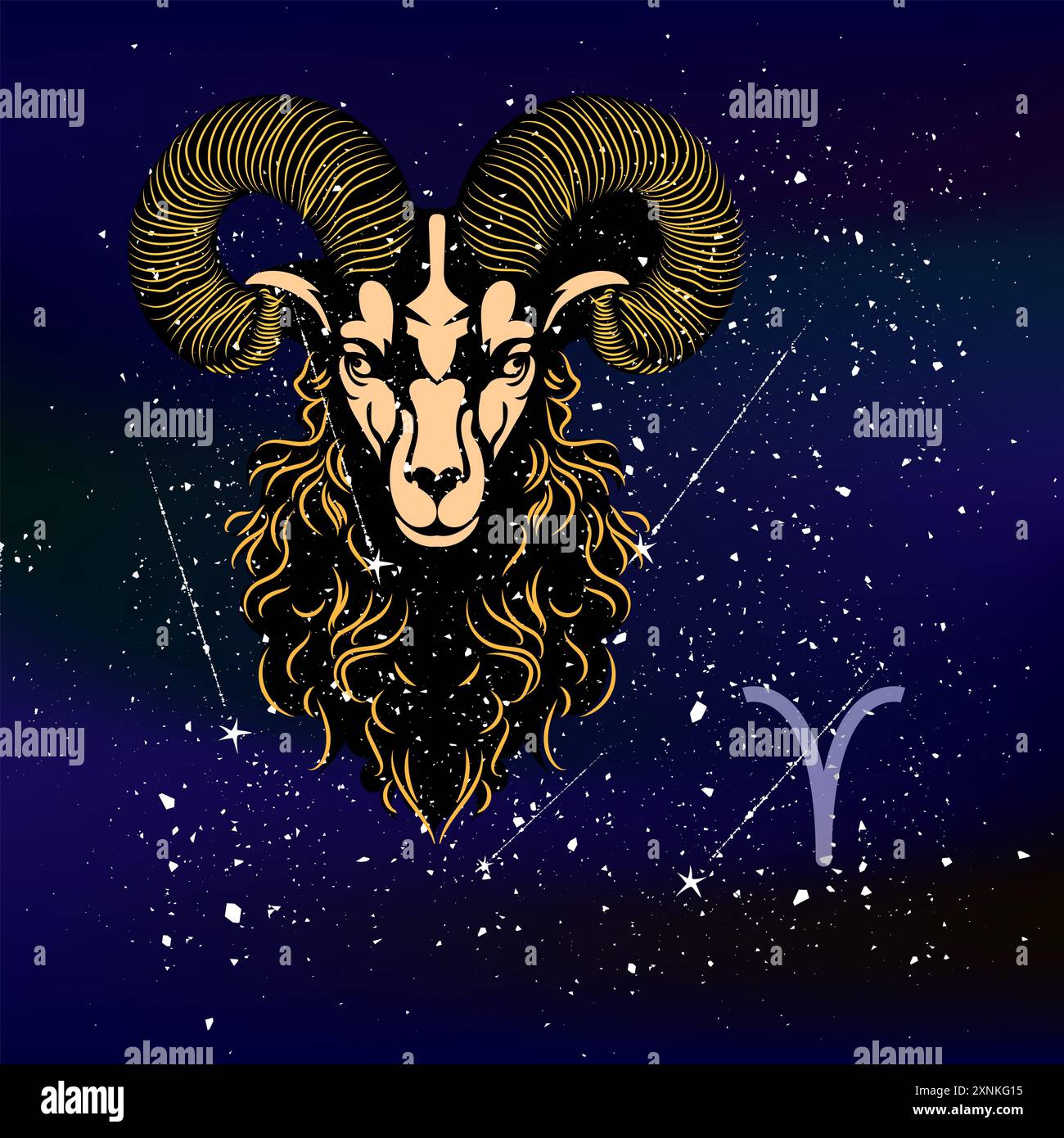 Questa straordinaria immagine cattura l'essenza mistica del segno zodiacale di Ariete, posto contro un cielo stellato e profondo. L'attenzione centrale è un illus dettagliato Foto Stock