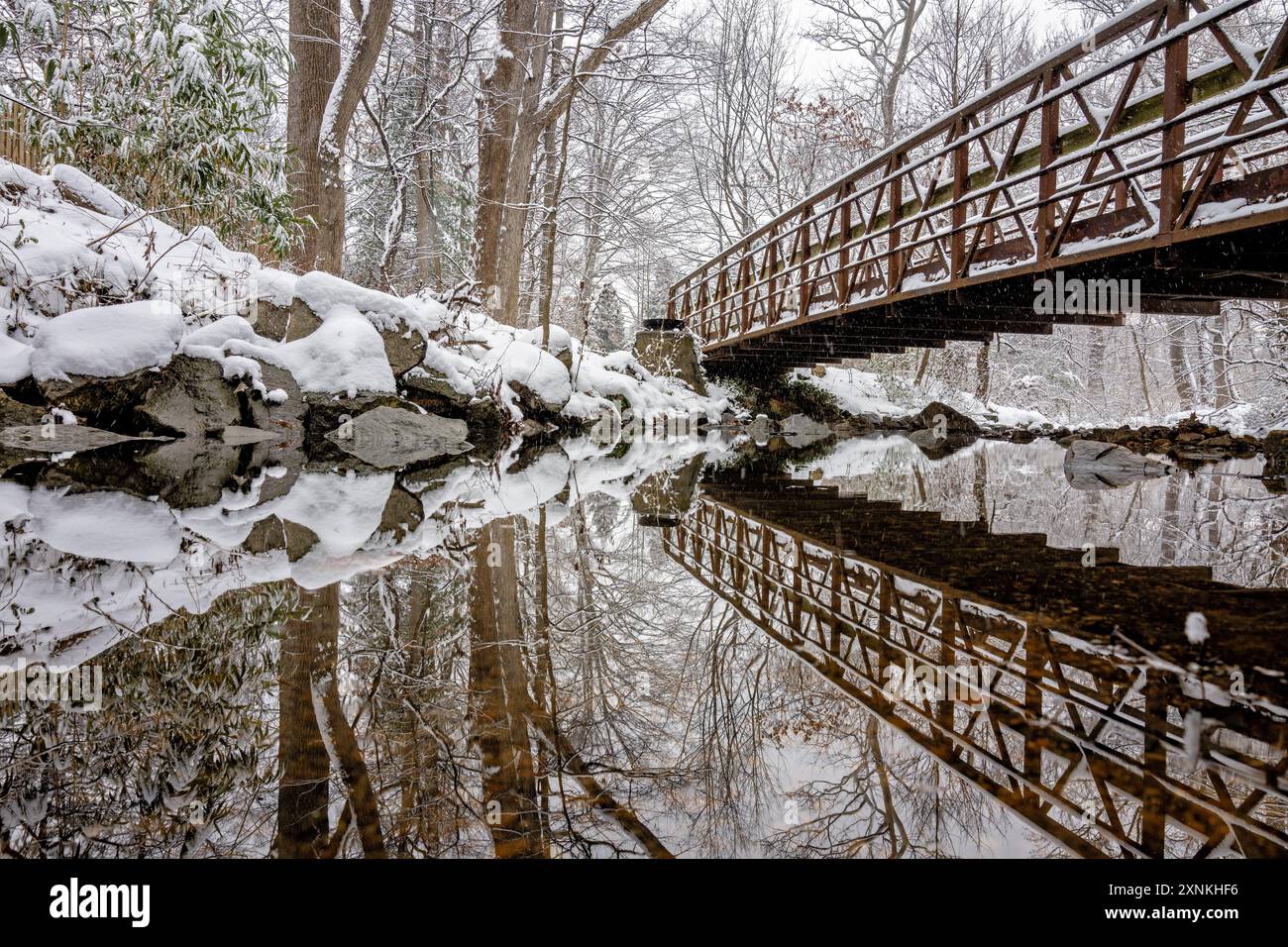 Rock Spring Park Winter Landscape Arlington Virginia // ARLINGTON, Virginia - Un paesaggio invernale innevato trasforma Rock Spring Park, un santuario boscoso di due ettari che conserva un corridoio storicamente significativo dove i sentieri di pesca dei nativi americani un tempo collegavano i villaggi dell'entroterra alla pesca sul fiume Potomac. Situato al 5012 di Little Falls Road, il parco prende il nome dalle sorgenti naturali che storicamente emersero dal terreno roccioso della zona. Il parco si trova alle sorgenti di Four Mile Run, mentre Little Pimmit Run scorre attraverso i giardini del parco. Queste abbondanti risorse idriche sono sostenute Foto Stock