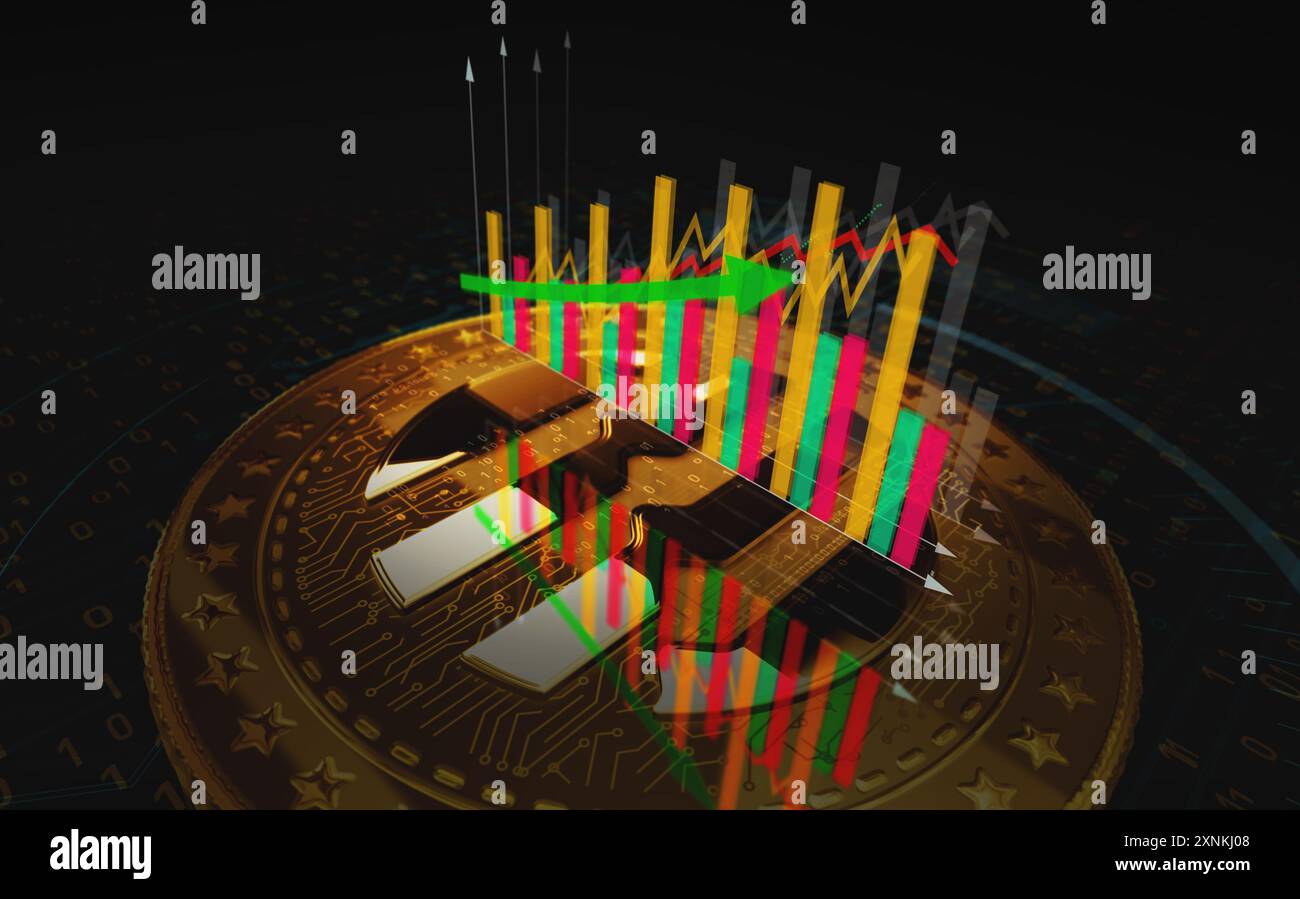 Poznan, Polonia, 1 agosto 2024: Moneta d'oro della criptovaluta APT Aptos sopra il grafico. Grafico dell'andamento dei prezzi con linea in crescita e in diminuzione. Pagamento online A. Foto Stock