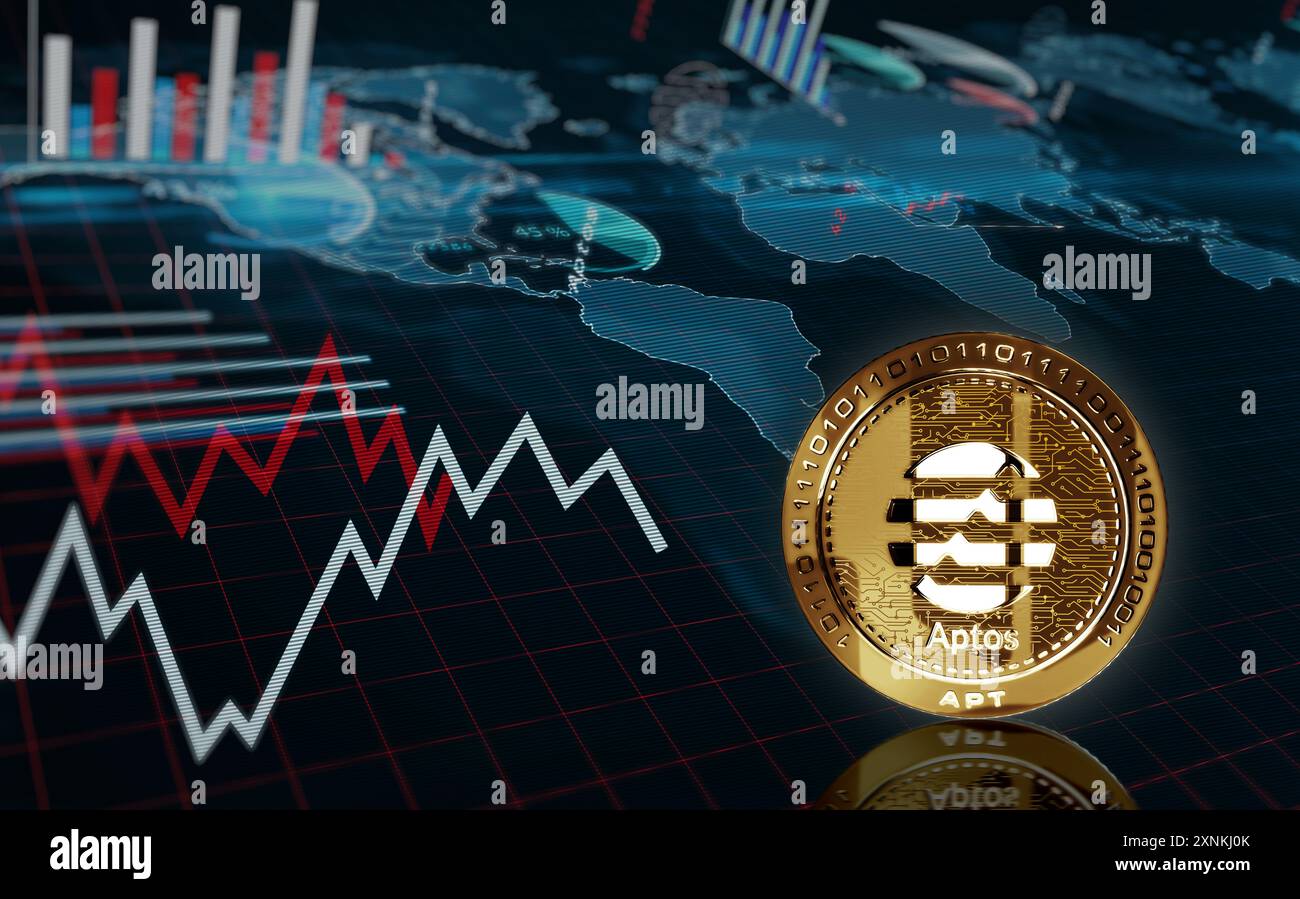 Poznan, Polonia, 1 agosto 2024: Moneta d'oro della criptovaluta APT Aptos sopra il grafico. Grafico dell'andamento dei prezzi con linea in crescita e in diminuzione. Pagamento online A. Foto Stock